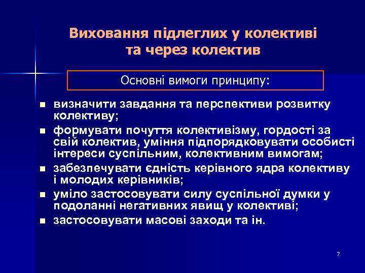 Виховання підлеглих у колективі та через колектив Основні вимоги принципу: n n n визначити