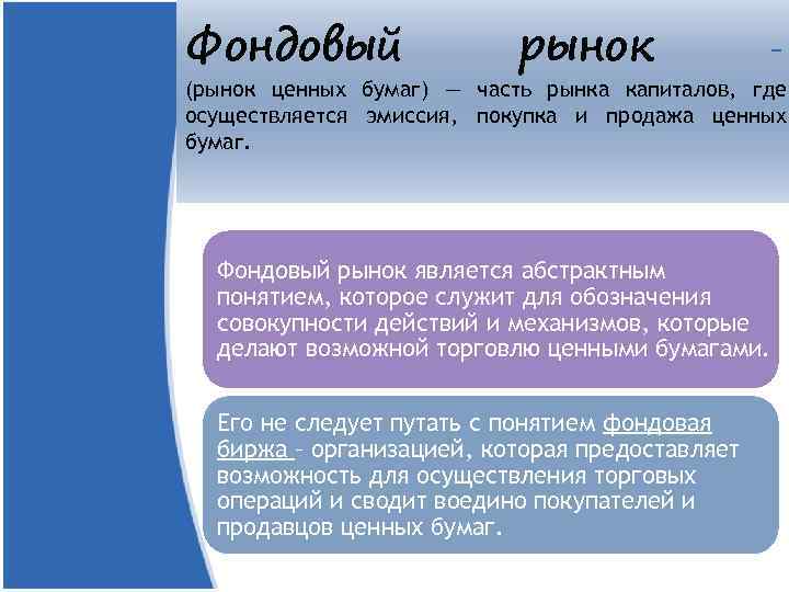 Фондовый рынок – (рынок ценных бумаг) — часть рынка капиталов, где осуществляется эмиссия, покупка