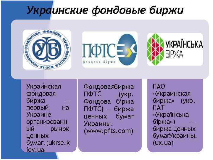 Украинские фондовые биржи Украи нская фо ндовая би ржа — первый на Украине организованн