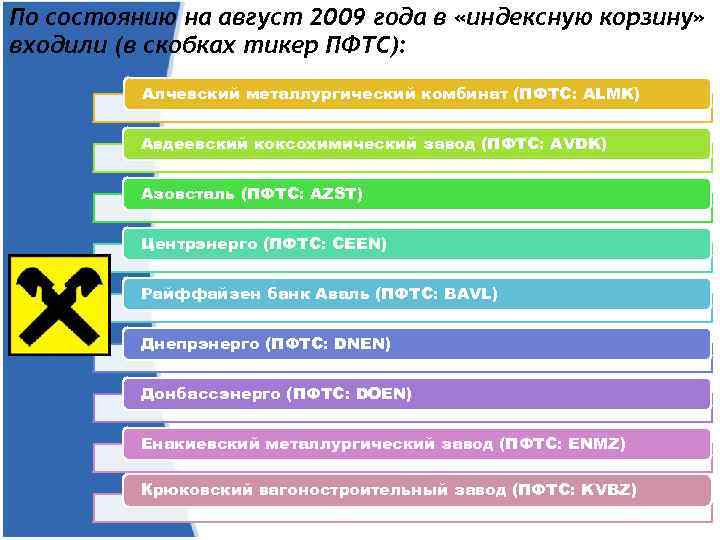 По состоянию на август 2009 года в «индексную корзину» входили (в скобках тикер ПФТС):