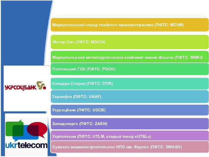 Мариупольский завод тяжёлого машиностроения (ПФТС: MZVM) Мотор Сич (ПФТС: MSICH) Мариупольский металлургический комбинат имени