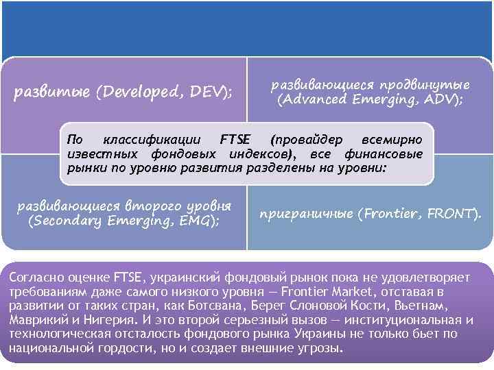 развитые (Developed, DEV); развивающиеся продвинутые (Advanced Emerging, ADV); По классификации FTSE (провайдер всемирно известных