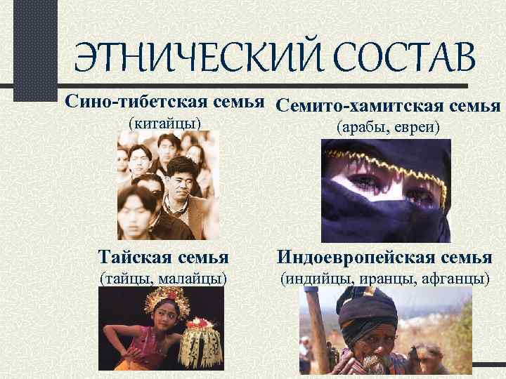 ЭТНИЧЕСКИЙ СОСТАВ Сино-тибетская семья Семито-хамитская семья (китайцы) (арабы, евреи) Тайская семья Индоевропейская семья (тайцы,