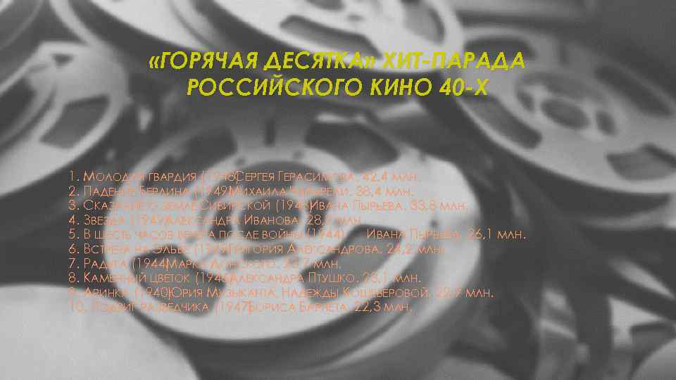  «ГОРЯЧАЯ ДЕСЯТКА» ХИТ-ПАРАДА РОССИЙСКОГО КИНО 40 -Х 1. МОЛОДАЯ ГВАРДИЯ (1948) ЕРГЕЯ ГЕРАСИМОВА.