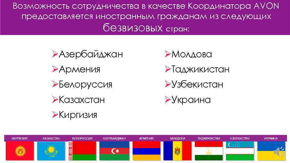 Возможность сотрудничества в качестве Координатора AVON предоставляется иностранным гражданам из следующих безвизовых стран: ØАзербайджан