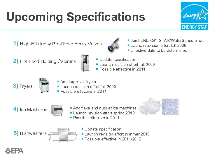 Upcoming Specifications 1) High-Efficiency Pre-Rinse Spray Valves 2) Hot Food Holding Cabinets 3) Fryers