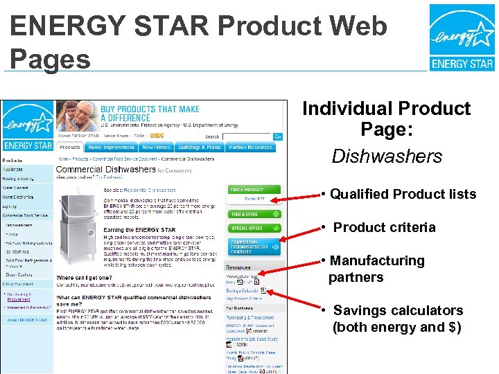 ENERGY STAR Product Web Pages Individual Product Page: Dishwashers • Qualified Product lists •