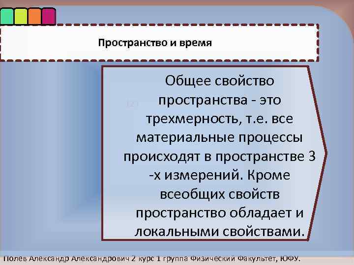 Пространство и время Общее свойство пространства - это 123 трехмерность, т. е. все материальные