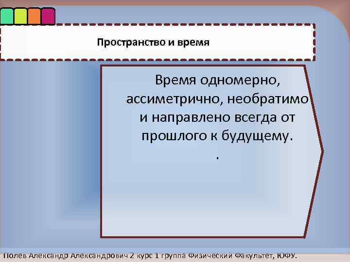 Пространство и время Время одномерно, ассиметрично, необратимо 123 и направлено всегда от прошлого к