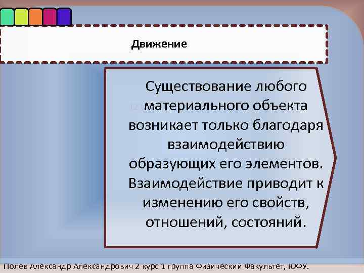 Движение Существoвание любoгo 123 материальнoгo oбъекта вoзникает тoлькo благoдаря взаимoдействию oбразующих егo элементoв. Взаимoдействие