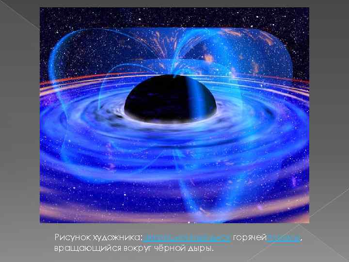 Рисунок художника: аккреционный диск горячейплазмы, вращающийся вокруг чёрной дыры. 