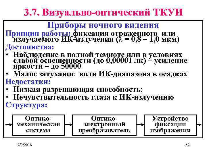 3. 7. Визуально-оптический ТКУИ Приборы ночного видения Принцип работы: фиксация отраженного или излучаемого ИК-излучения