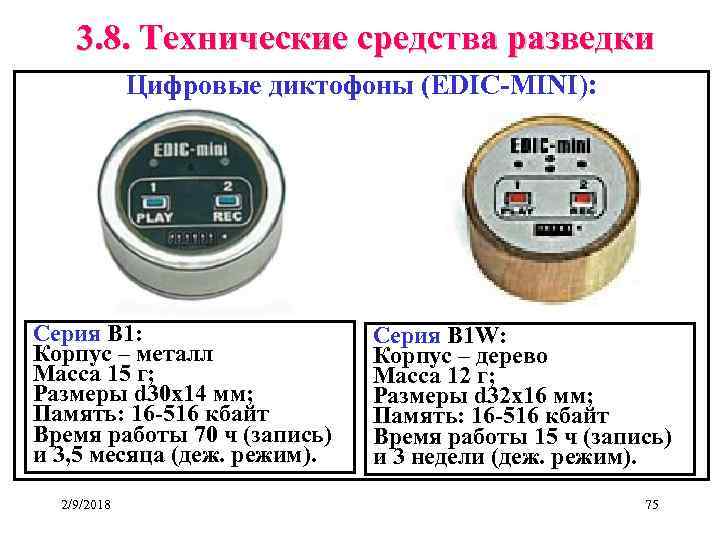 3. 8. Технические средства разведки Цифровые диктофоны (EDIC-MINI): Серия В 1: Корпус – металл