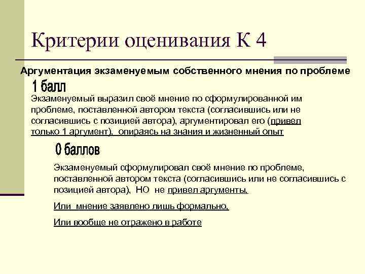 Критерии оценивания К 4 Аргументация экзаменуемым собственного мнения по проблеме Экзаменуемый выразил своё мнение