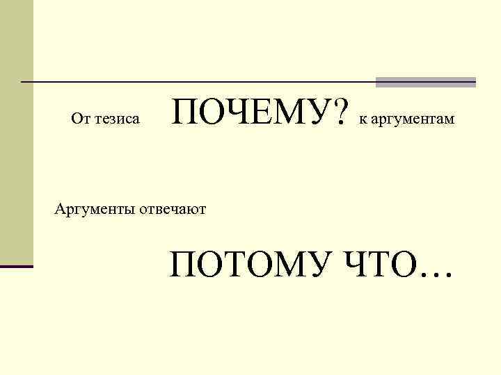 От тезиса ПОЧЕМУ? к аргументам Аргументы отвечают ПОТОМУ ЧТО… 