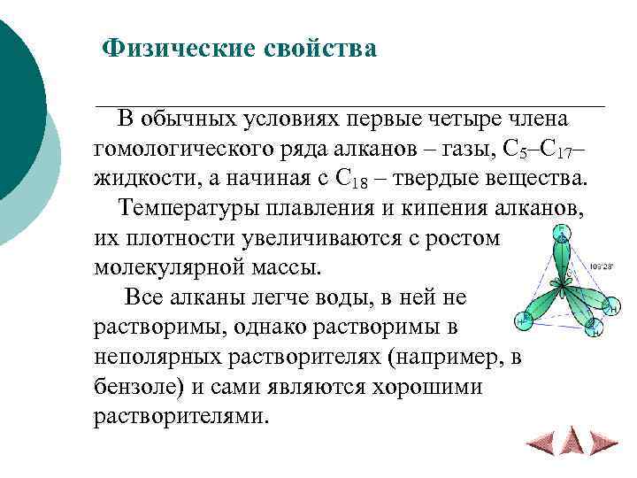 Физические свойства В обычных условиях первые четыре члена гомологического ряда алканов – газы, C