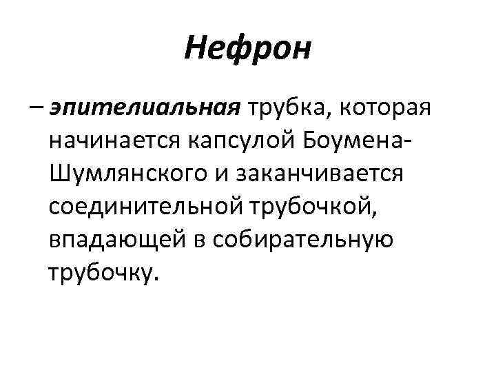 Нефрон – эпителиальная трубка, которая начинается капсулой Боумена. Шумлянского и заканчивается соединительной трубочкой, впадающей