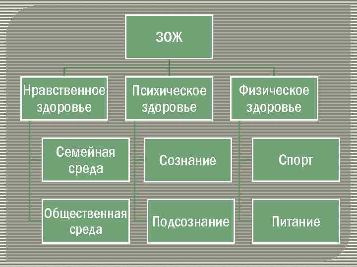 ЗОЖ Нравственное здоровье Психическое здоровье Физическое здоровье Семейная среда Сознание Спорт Общественная среда Подсознание