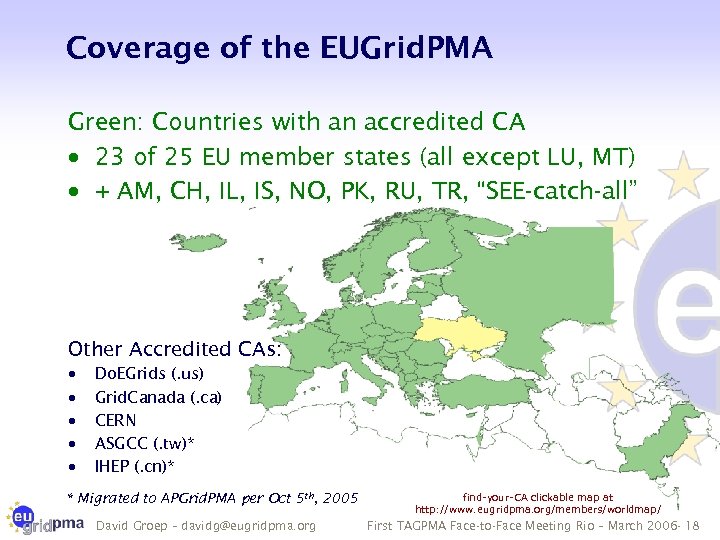 Coverage of the EUGrid. PMA Green: Countries with an accredited CA · 23 of