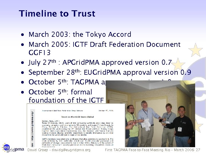 Timeline to Trust · March 2003: the Tokyo Accord · March 2005: IGTF Draft