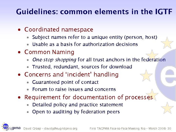 Guidelines: common elements in the IGTF · Coordinated namespace · Subject names refer to