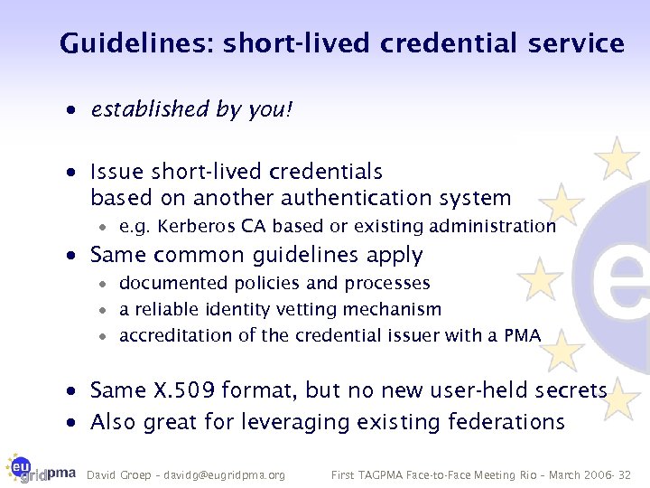 Guidelines: short-lived credential service · established by you! · Issue short-lived credentials based on