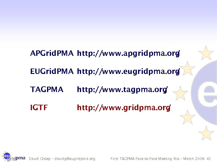 APGrid. PMA http: //www. apgridpma. org / EUGrid. PMA http: //www. eugridpma. org /