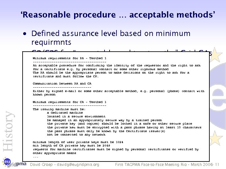 History ‘Reasonable procedure … acceptable methods’ · Defined assurance level based on minimum requirmnts