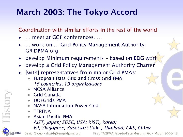 History March 2003: The Tokyo Accord Coordination with similar efforts in the rest of
