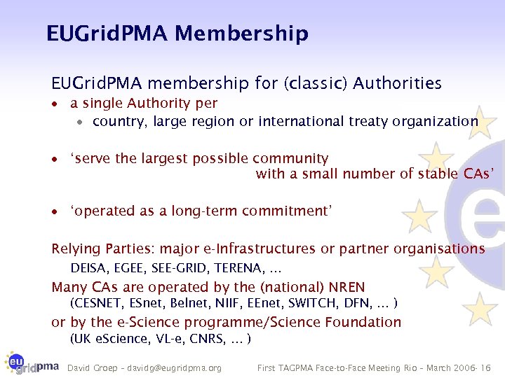 EUGrid. PMA Membership EUGrid. PMA membership for (classic) Authorities · a single Authority per