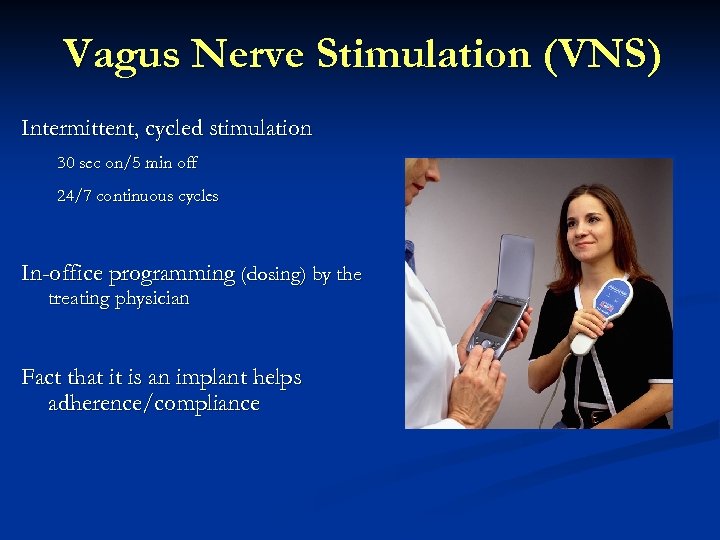 Vagus Nerve Stimulation (VNS) Intermittent, cycled stimulation 30 sec on/5 min off 24/7 continuous