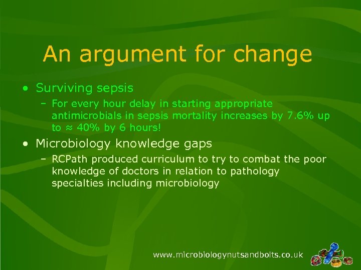 An argument for change • Surviving sepsis – For every hour delay in starting