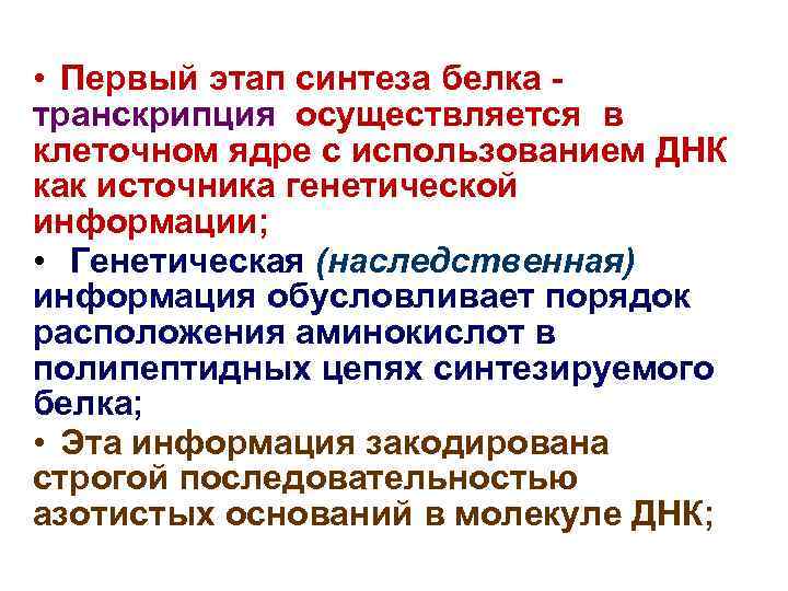  • Первый этап синтеза белка транскрипция осуществляется в клеточном ядре с использованием ДНК