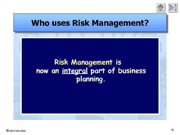 End Who uses Risk Management? Risk Management is now an integral part of business