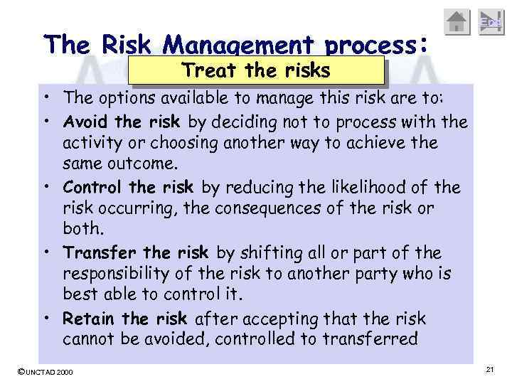The Risk Management process: End Treat the risks • The options available to manage