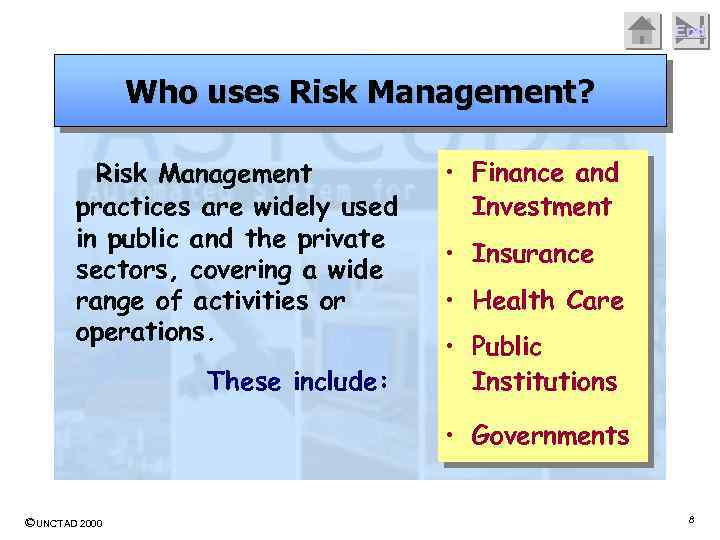 End Who uses Risk Management? Risk Management practices are widely used in public and