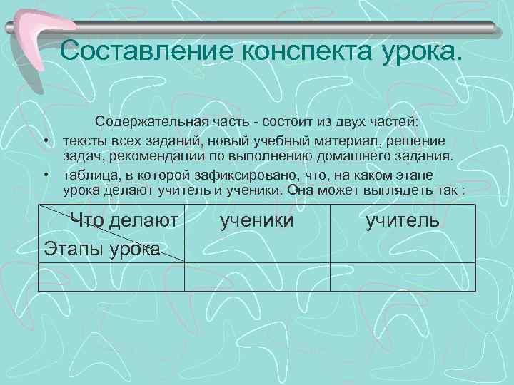 Составление конспекта урока. Содержательная часть - состоит из двух частей: • тексты всех заданий,