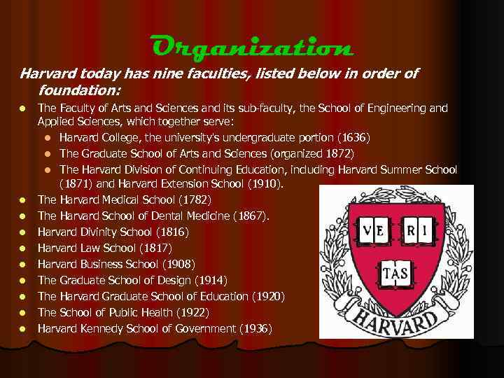 Organization Harvard today has nine faculties, listed below in order of foundation: l l