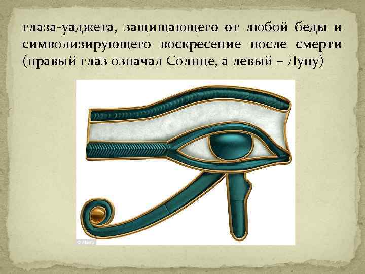 глаза-уаджета, защищающего от любой беды и символизирующего воскресение после смерти (правый глаз означал Солнце,