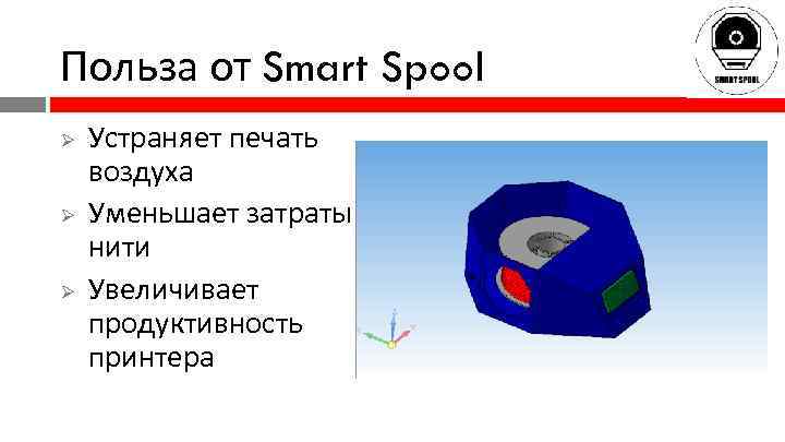 Польза от Smart Spool Ø Ø Ø Устраняет печать воздуха Уменьшает затраты нити Увеличивает