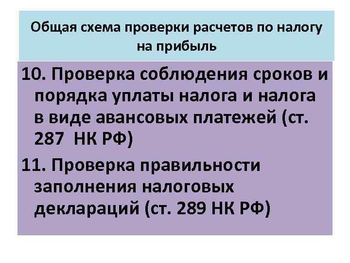 Общая схема проверки расчетов по налогу на прибыль 10. Проверка соблюдения сроков и порядка