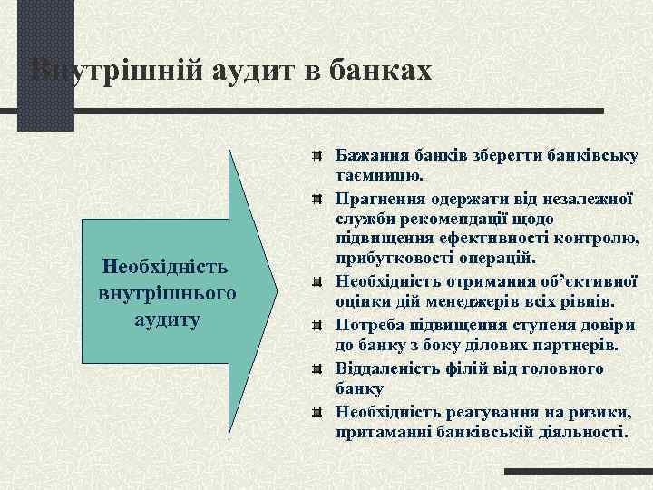 Внутрішній аудит в банках Необхідність внутрішнього аудиту Бажання банків зберегти банківську таємницю. Прагнення одержати