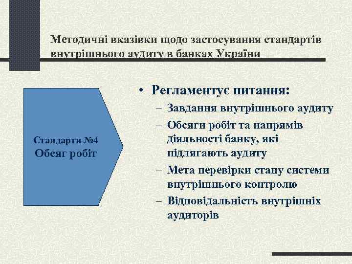 Методичні вказівки щодо застосування стандартів внутрішнього аудиту в банках України • Регламентує питання: Стандарти