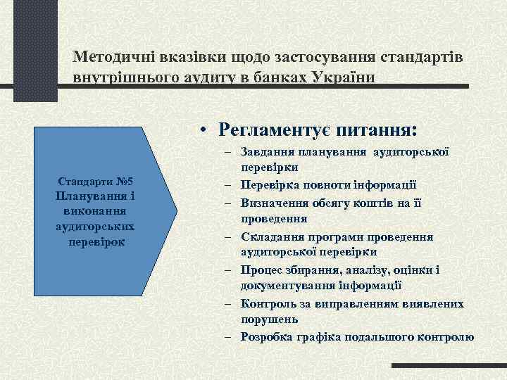 Методичні вказівки щодо застосування стандартів внутрішнього аудиту в банках України • Регламентує питання: Стандарти