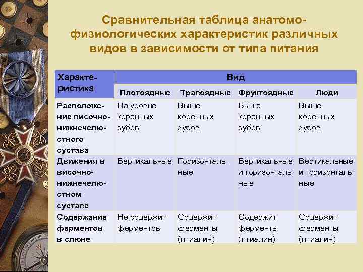 Сравнительная таблица анатомофизиологических характеристик различных видов в зависимости от типа питания Характеристика Расположение височнонижнечелюстного