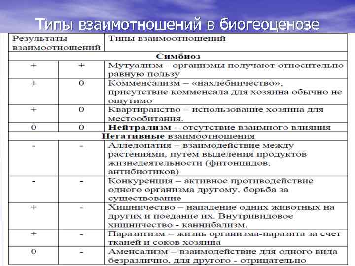 Типы взаимотношений в биогеоценозе 
