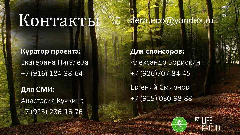 Контакты sfera. eco@yandex. ru Куратор проекта: Екатерина Пигалева +7 (916) 184 -38 -64 Для