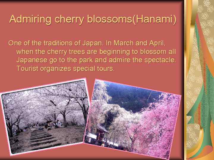 Admiring cherry blossoms(Hanami) One of the traditions of Japan. In March and April, when