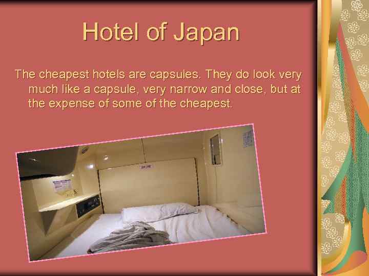 Hotel of Japan The cheapest hotels are capsules. They do look very much like