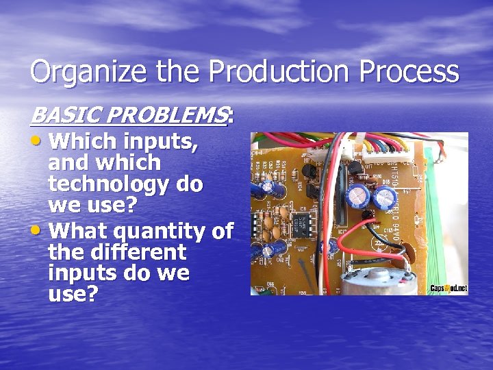 Organize the Production Process BASIC PROBLEMS: • Which inputs, and which technology do we